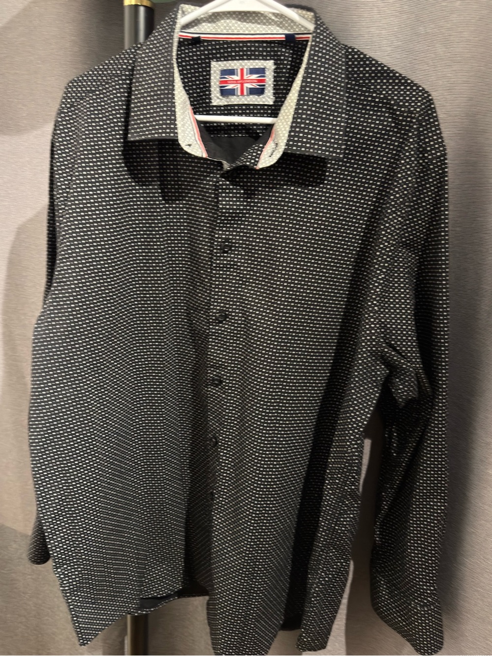 Black Microdot Long-Sleeve Dress Shirt with Flag Accent